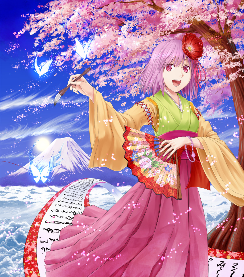 bad_id bad_pixiv_id bow bug butterfly cherry_blossoms cloud day detached_sleeves female flower hair_ornament hand_fan hieda_no_akyuu highres japanese_clothes long_skirt mount_fuji open_mouth outdoors pink_eyes pink_hair scroll short_hair skirt sky solo sun touhou tree water wide_sleeves yonaga_(masa07240)