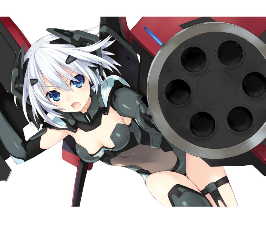 :o aiming aiming_at_viewer blue_eyes blush breasts cleavage covered_navel cowboy_shot date_a_live dutch_angle female fighting_stance foreshortening gatling_gun gloves gun hair_between_eyes headgear highres leotard looking_at_viewer mecha_musume medium_breasts minigun official_art open_mouth short_hair shouting simple_background solo thigh_strap thighhighs tobiichi_origami tsunako turtleneck v-shaped_eyebrows weapon white_background white_hair