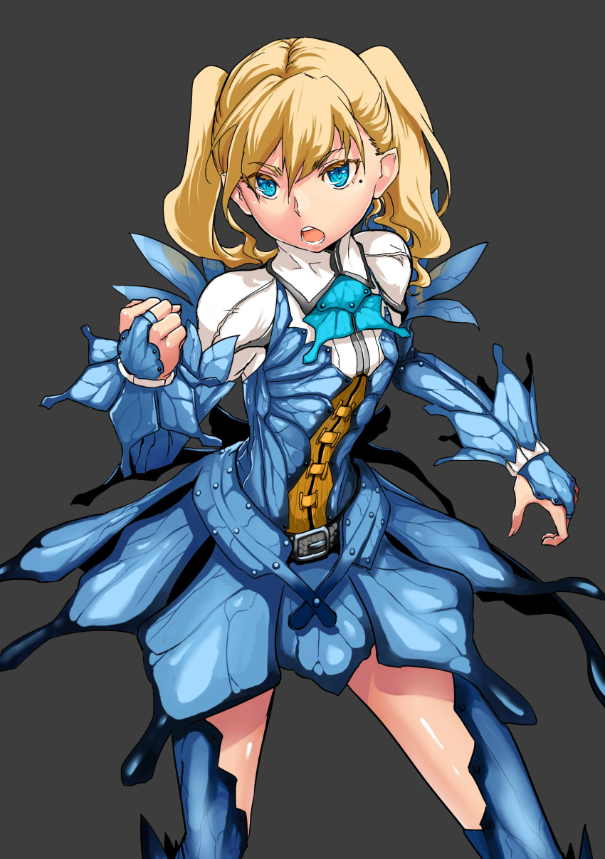 absurdres armor blonde_hair blue_eyes blue_thighhighs bnahabra_(armor) colored_eyelashes commentary_request female grey_background highres mole mole_under_eye monster_hunter_(character) monster_hunter_(series) monster_hunter_portable_3rd open_mouth realmbw solo thighhighs twintails