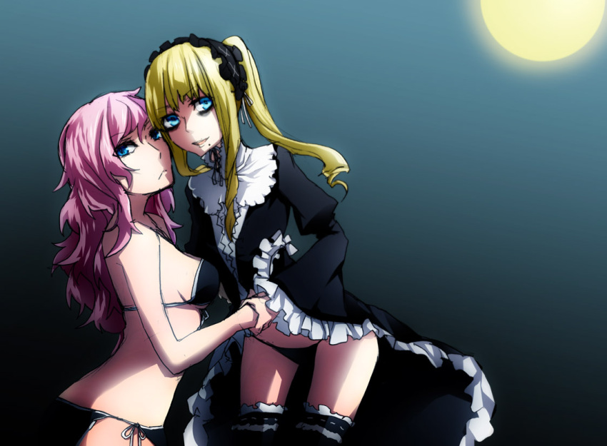 2girls alice_twilight blonde_hair blue_eyes full_moon gothic_lolita grasshopper_manufacture lolita_fashion margaret_moonlight moon multiple_girls night no_more_heroes no_more_heroes_2 panties pink_hair thighhighs underwear