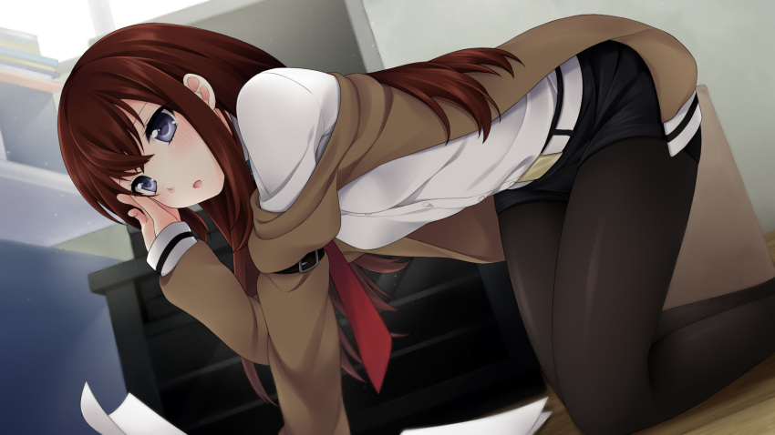 :o bad_id bad_pixiv_id black_pantyhose black_shorts blue_eyes blush dark_red_hair dress_shirt etou_(cherry7) female highres kneeling long_hair looking_at_viewer makise_kurisu necktie pantyhose pantyhose_under_shorts red_hair red_necktie shirt shorts solo steins;gate