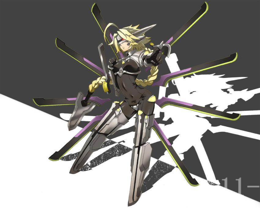 ahoge blazblue blonde_hair bodysuit braid breasts commentary_request crotch_plate female huge_ahoge lambda-11 long_hair mecha_musume medium_breasts navel one-eyed red_eyes robot_ears shadow shigure_ame single_braid sword visor weapon