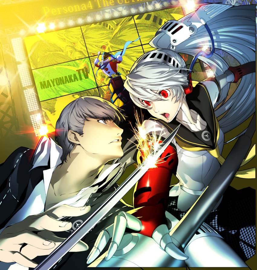 1boy :o absurdres android battle cover duel female grey_eyes grey_hair hat headphones highres katana kuma_(persona_4) labrys_(persona) narukami_yuu official_art oribe_hanako peaked_cap persona persona_4 persona_4:_the_ultimate_in_mayonaka_arena photoshop_(medium) popped_collar recursion red_eyes scan school_uniform serafuku sparks sword television weapon white_hair yellow_eyes