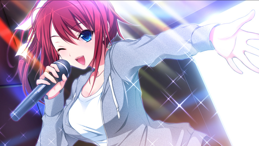 akino_subaru blue_eyes casual female game_cg hair_ribbon hatsukoi_1/1 karaoke looking_at_viewer music one_eye_closed outstretched_hand ponytail red_hair ribbon side_ponytail singing solo sweater tsukishima_kyou