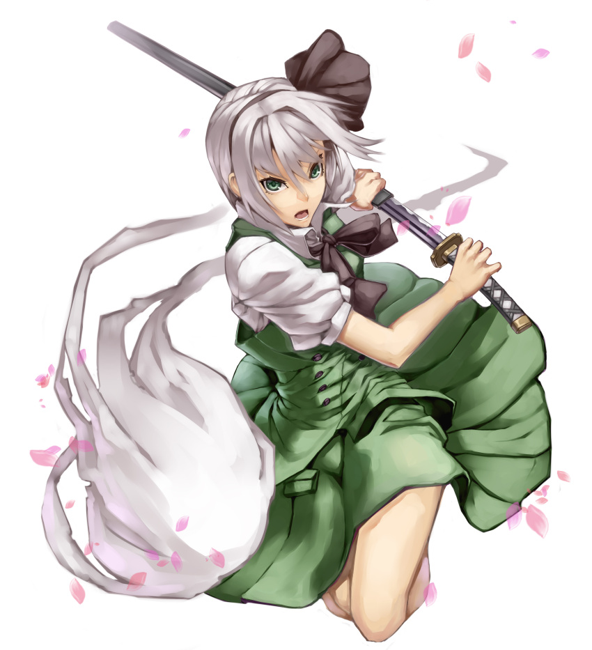 absurdres commentary_request female glaring green_eyes hairband highres konpaku_youmu konpaku_youmu_(ghost) looking_at_viewer open_mouth petals photoshop_(medium) ribbon scabbard scottie_(phantom2) sheath short_hair simple_background solo sword touhou unsheathing weapon white_hair