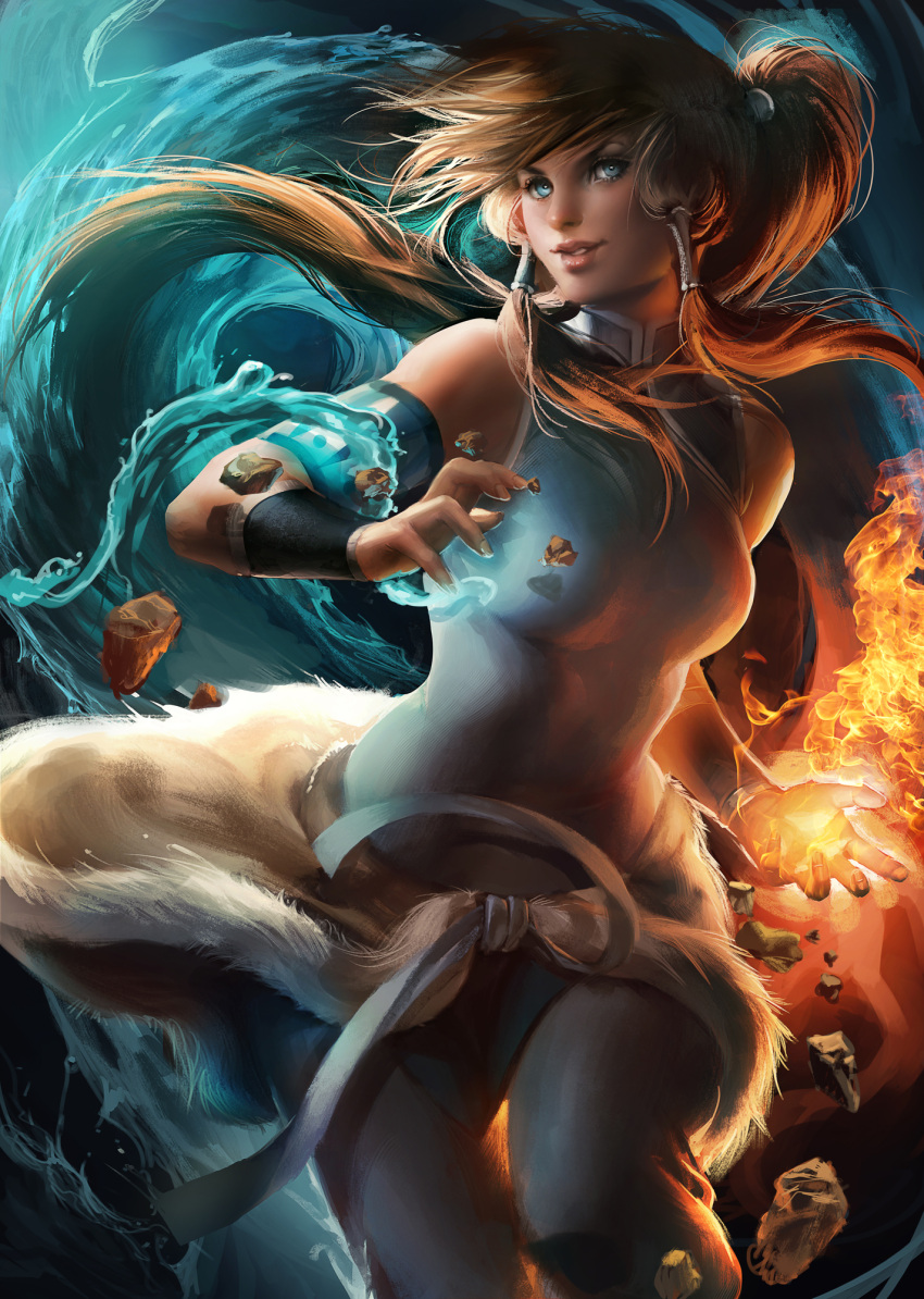 armlet avatar_(series) banned_artist bare_shoulders brown_hair dark_skin element_bending fire hair_tubes highres korra ponytail sakimichan solo the_legend_of_korra topknot vambraces water