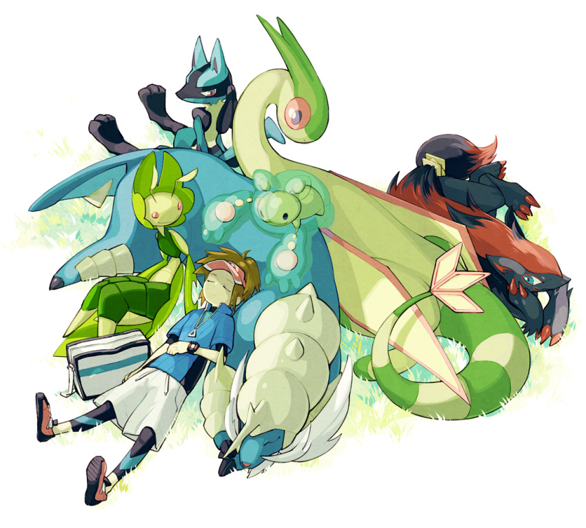 1boy brown_hair commentary_request flygon grass green_theme green_wings jacket leavanny lucario lying nakatani_nio nate_(pokemon) pokemon pokemon_(creature) pokemon_bw2 reuniclus samurott short_hair sleeping visor_cap watch wings wristwatch zoroark