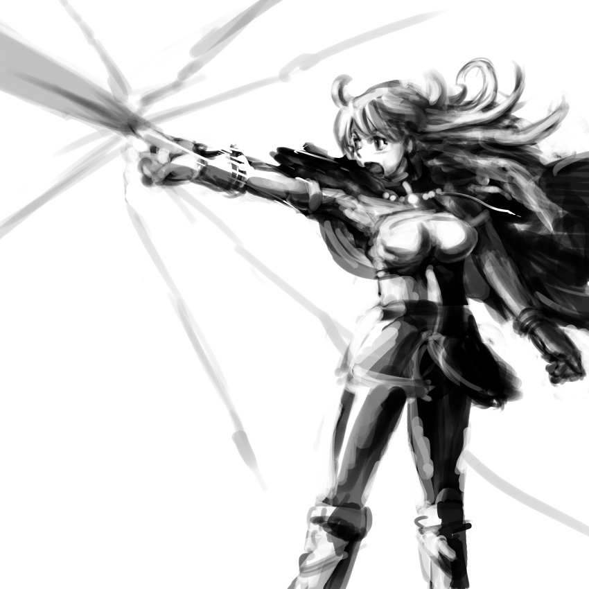 absurdres armor bad_link breastplate cape cosplay drawfag duel_masters female gloves greyscale highres lina_inverse lina_inverse_(cosplay) long_hair magic monochrome pantyhose photoshop_(medium) skirt slayers solo tasogare_mimi