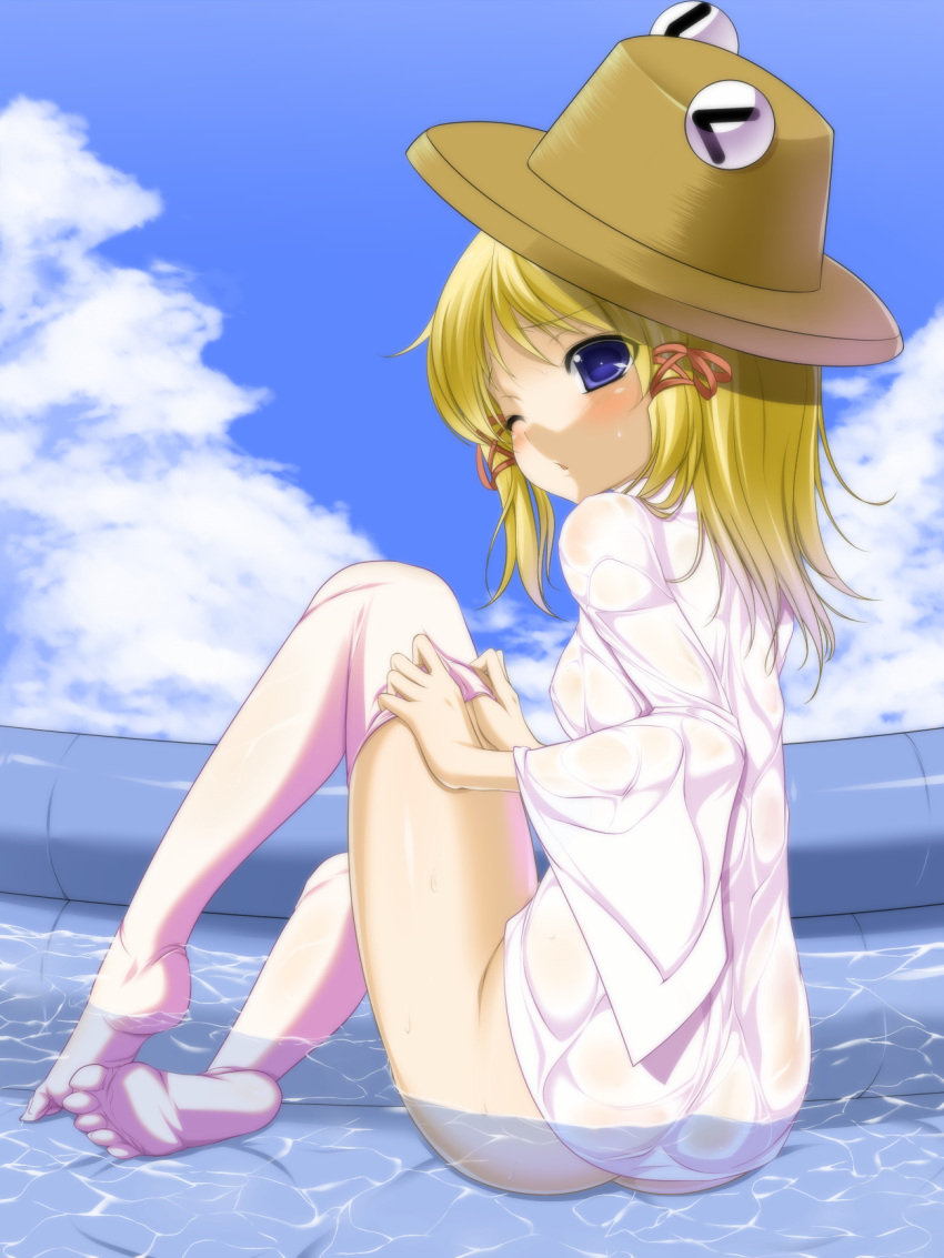 blonde_hair blue_eyes blush bottomless cloud commentary_request day female hat highres moriya_suwako naked_shirt one_eye_closed open_mouth pyonta shirt short_hair sitting sky solo thighhighs toron_(mino106) touhou wet white_thighhighs