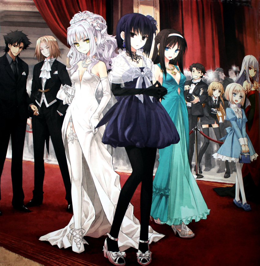 428:_fuusa_sareta_shibuya_de ahoge bag black_gloves black_hair black_pantyhose black_thighhighs breasts canaan_(series) caren_hortensia closed_eyes company_connection crossover dark_sakura dress earrings elbow_gloves emiya_kiritsugu facial_hair fate/hollow_ataraxia fate/prototype fate/stay_night fate/zero fate_(series) flower formal full_body garter_straps gloves gown hair_flower hair_ornament handbag high_heels highres imageboard_desourced jewelry konoe_ototsugu kuonji_alice mahou_tsukai_no_yoru mary_janes matou_sakura medium_breasts melty_blood minorikawa_minoru multiple_boys multiple_girls nail_polish necklace necktie non-web_source oosawa_maria pantyhose pearl_necklace photoshop_(medium) sajou_manaka scan scan_artifacts shoes short_hair side_slit skirt skirt_suit stubble suit thighhighs toenail_polish toenails tohno_akiha tsukihime type-moon wallachia white_dress white_gloves white_hair white_legwear yellow_eyes