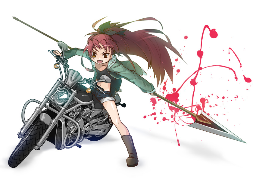 kuro_chairo_no_neko long_hair mahou_shoujo_madoka_magica motorcycle red_hair sakura_kyouko shorts spear weapon