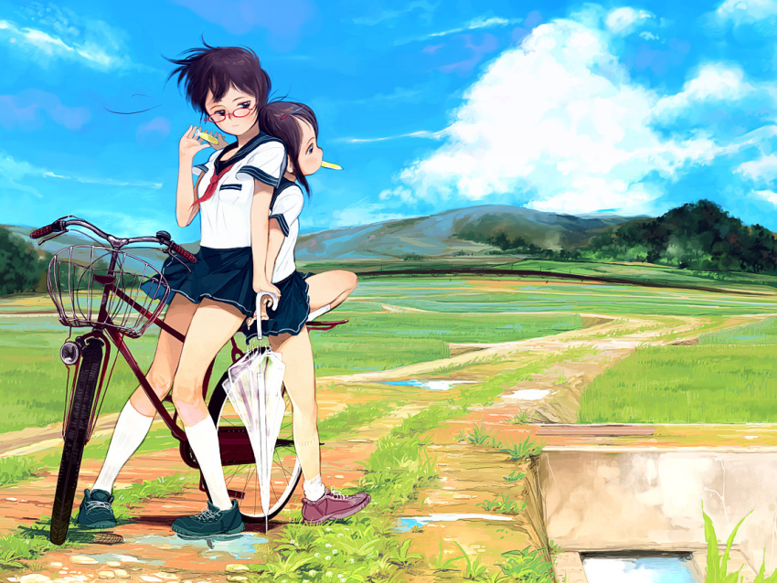 2girls back-to-back bicycle bicycle_basket black_hair blue_skirt blue_sky closed_umbrella cloud commentary_request day dirt_road field glasses grass hill holding holding_umbrella knee_up kneehighs leaning_on_person looking_away looking_to_the_side mouth_hold multiple_girls neckerchief original oshou_(pixiv232198) outdoors pigeon-toed puddle red-framed_eyewear rice_paddy road scenery school_uniform serafuku shirt shoes short_hair short_sleeves skirt sky smile sneakers socks standing transparent transparent_umbrella tupet umbrella water white_legwear white_shirt wide_shot wind