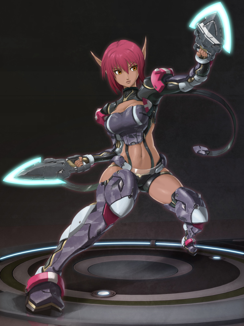 breasts commentary_request dagger dual_wielding elf energy_weapon female highres holding jamadhar knife large_breasts nandz navel neighbor_quartz orange_eyes phantasy_star phantasy_star_online_2 photoshop_(medium) pointy_ears red_hair short_hair solo sue_(pso2) weapon