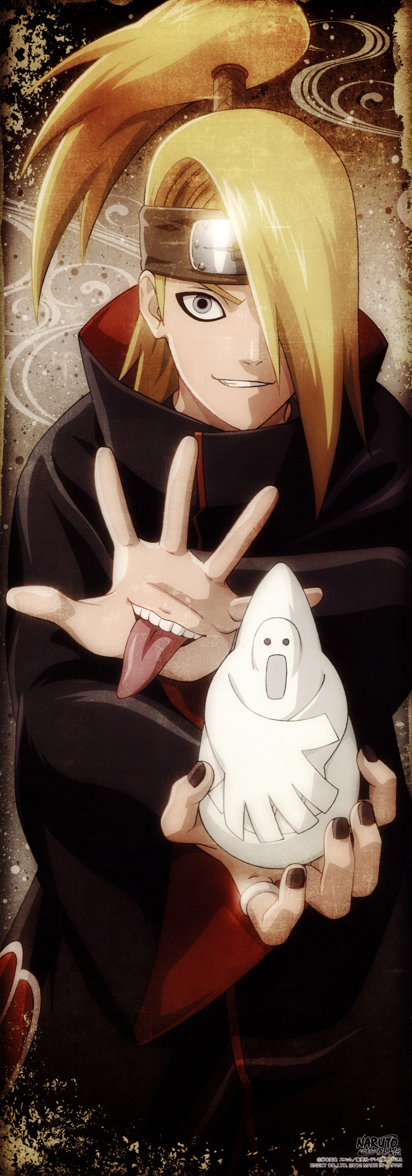 1boy absurdres akatsuki_uniform artist_request bird blonde_hair copyright_name deidara_(naruto) extra_mouth grey_eyes hair_over_one_eye hand_mouth highres jewelry nail_polish naruto_(series) naruto_shippuuden official_art photoshop_(medium) ponytail ring scan smile stick_poster tongue