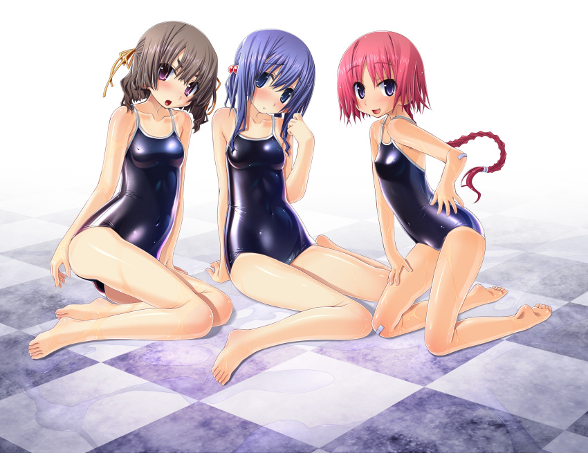 3girls barefoot blue_eyes blush braid brown_hair commentary_request feet hair_bobbles hair_ornament highres multiple_girls one-piece_swimsuit pink_hair purple_eyes sakuya_tsuitachi school_swimsuit shiny_clothes short_hair smile sukumizu_tabehoudai swimsuit wet