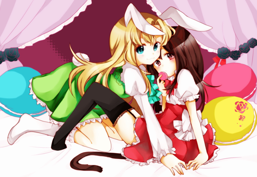 2girls :3 animal_ears bad_id bad_pixiv_id blonde_hair brown_hair cat_ears cat_tail dress food green_eyes highres ib_(ib) ib_(kouri) long_hair macaron mary_(ib) multiple_girls noki_(potekoro) rabbit_ears rabbit_tail red_eyes tail