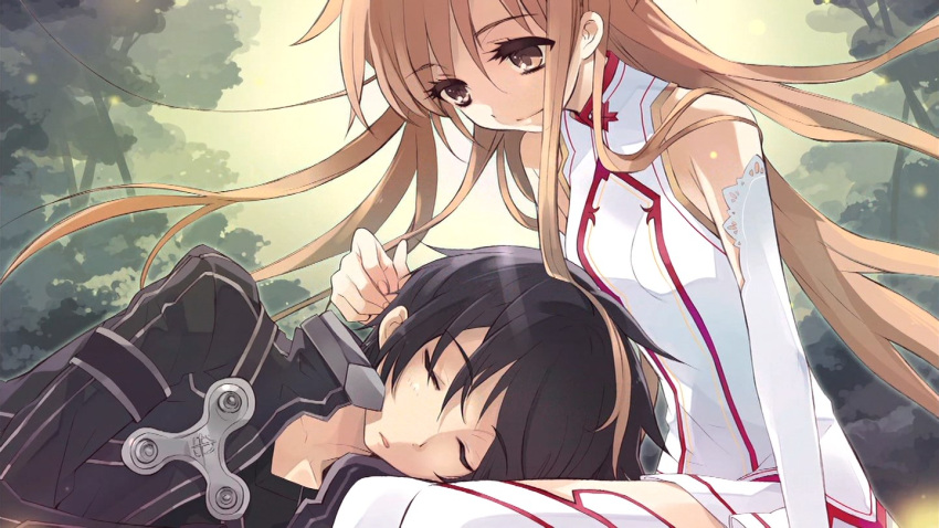 1boy asuna_(sao) bare_shoulders black_hair brown_eyes brown_hair closed_eyes couple detached_sleeves end_card female ito_noizi kirito lap_pillow long_hair official_art sleeping straight sword_art_online