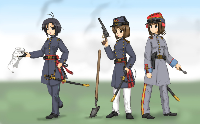 3girls amami_haruka american_civil_war belt colt_1851_navy commentary_request ernest gun hagiwara_yukiho handgun hat highres holster idolmaster idolmaster_(classic) kikuchi_makoto military military_uniform multiple_girls photoshop_(medium) revolver shovel spoon sword uniform weapon