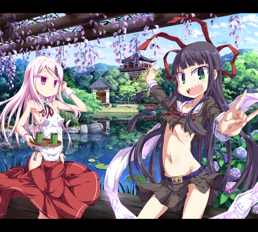 2girls \m/ architecture black_hair breasts commentary_request east_asian_architecture flower green_eyes hydrangea japanese_clothes lake letterboxed long_hair multiple_girls navel original outdoors pink_eyes pink_hair ribbon scenery sharp_teeth skirt slit_pupils small_breasts smile tea teeth toraishi_666 tray tree