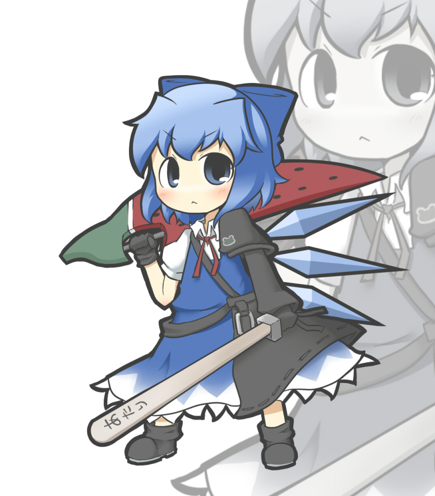 adapted_costume advent_cirno bad_id bad_pixiv_id blue_hair bow cirno detached_wings dual_wielding female hairbow highres holding ice ice_wings long_sleeves short_hair short_sleeves solo standing sword touhou weapon wings yuasan