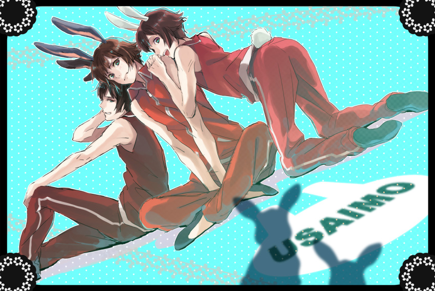 3boys bad_id bad_pixiv_id brown_hair gag_manga_biyori highres kunieda_(miniaturegarden) male_focus multiple_boys open_mouth photoshop_(medium) rabbit rabbit_tail short_hair smile tail