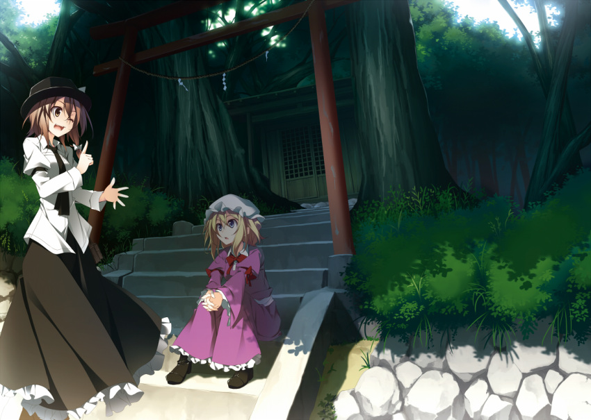 2girls bad_id bad_pixiv_id black_headwear black_skirt blonde_hair blue_eyes bow brown_hair collared_shirt dappled_sunlight dress frilled_dress frilled_skirt frills ghostly_field_club hat index_finger_raised interlocked_fingers long_skirt long_sleeves maribel_hearn matsuyama_nozomu mob_cap multiple_girls one_eye_closed open_mouth outdoors own_hands_clasped own_hands_together puffy_sleeves purple_dress red_bow shade shide shirt short_hair shrine sitting sitting_on_stairs skirt stairs sunlight torii touhou tree_shade usami_renko white_headwear white_shirt wide_sleeves yellow_eyes