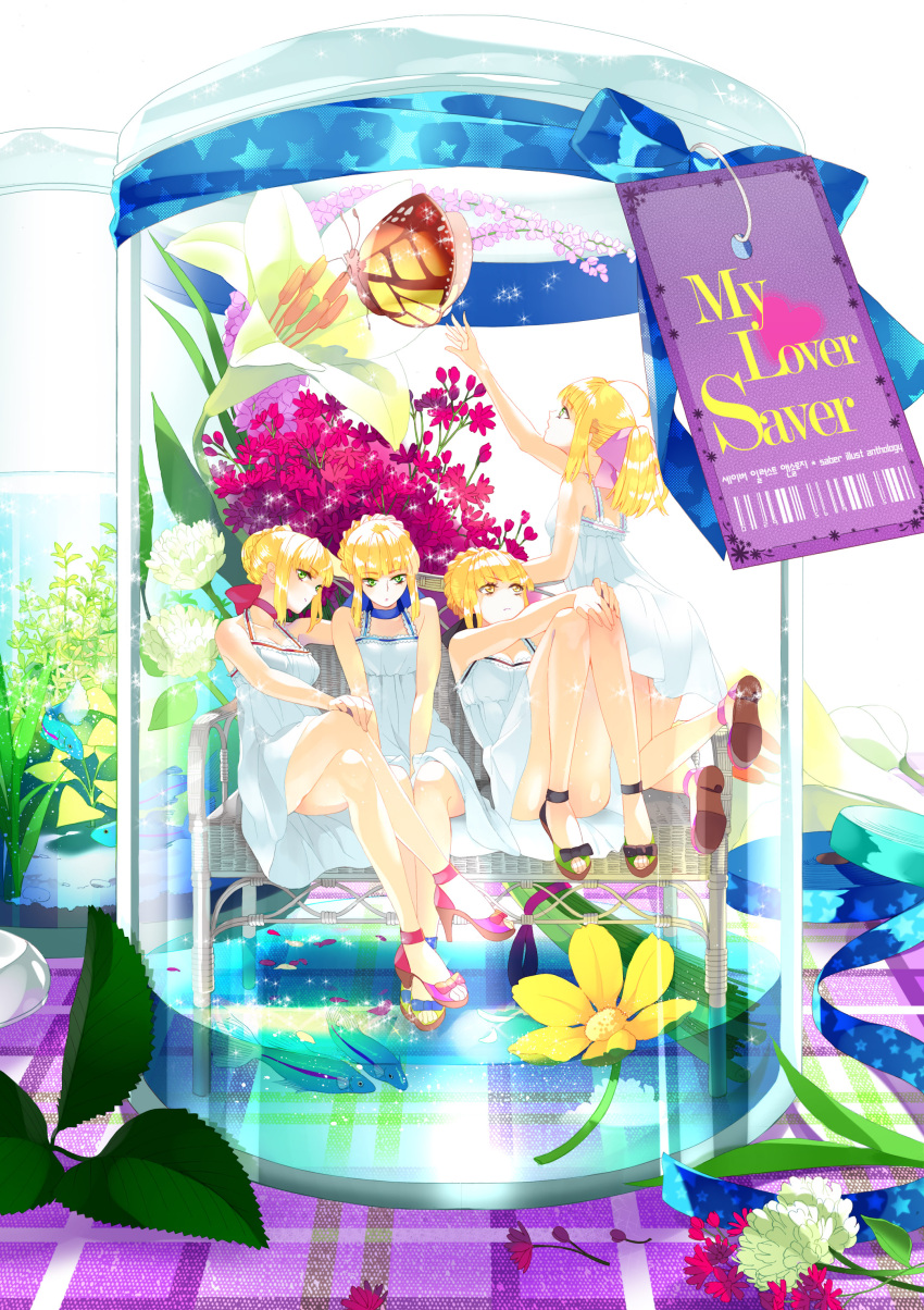 4girls absurdres artoria_pendragon_(fate) bad_id bad_pixiv_id blonde_hair bug butterfly choker clover_(flower) commentary_request crossed_legs dress fate/extra fate/stay_night fate/unlimited_codes fate_(series) fish flower green_eyes hair_ribbon heart high_heels highres in_container jar lily_(flower) long_hair multiple_girls multiple_persona name_connection nero_claudius_(fate) nero_claudius_(fate/extra) object_namesake photoshop_(medium) pink_flower ribbon rozer saber_(fate) saber_alter saber_lily sandals shoes sitting surreal tag white_flower white_lily yellow_eyes yellow_flower