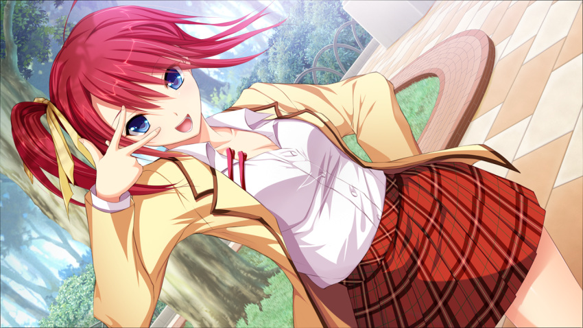 akino_subaru blazer blue_eyes breasts cleavage dress_shirt female game_cg hair_ornament hair_ribbon hairclip hatsukoi_1/1 jacket looking_at_viewer medium_breasts plaid plaid_skirt ponytail red_hair ribbon school_uniform shirt side_ponytail skirt solo tree tsukishima_kyou unbuttoned v_over_eye