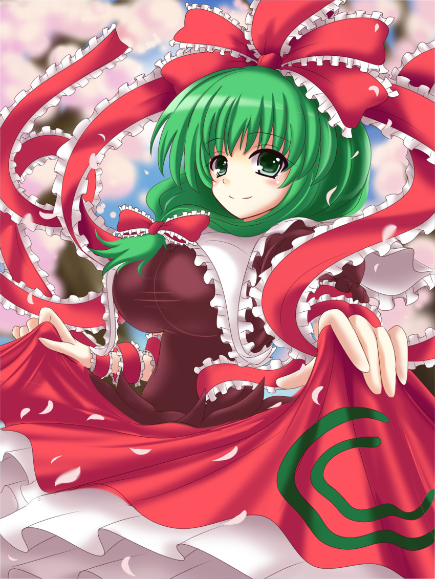 arm_ribbon bow breasts cherry_blossoms commentary_request dress female frills front_ponytail green_eyes green_hair hair_ornament hair_ribbon hairbow highres impossible_clothes kagiyama_hina kurowana large_breasts long_hair looking_at_viewer red_dress ribbon skirt_hold smile solo touhou