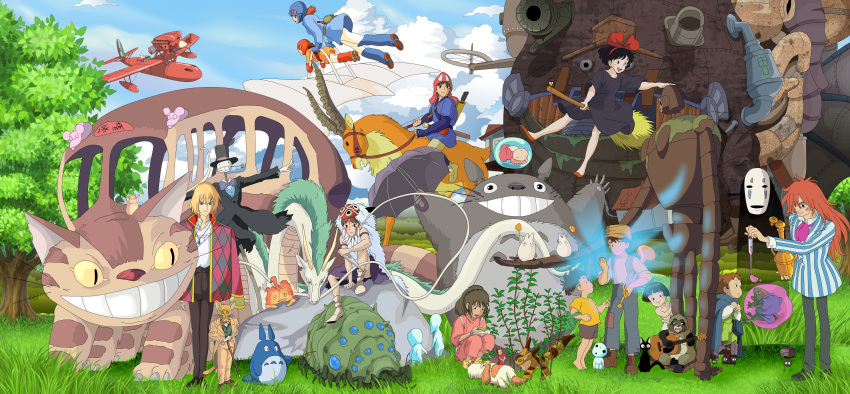 6+boys 6+girls absolutely_everyone absurdres acoustic_guitar arrietty ascot ashitaka blue_sky bow broom broom_riding brown_eyes brown_hair calcifer canine character_request checkered chibi_totoro chuu_totoro commentary_request company_connection crossover day demon dragon dress elk everyone facepaint feline fire flying frog fujimoto_(ponyo) gake_no_ue_no_ponyo ghost giant_cat glasses grass guitar haku_(sen_to_chihiro_no_kamikakushi) hat heen heisei_tanuki_gassen_ponpoko highres holding howl_(howl_no_ugoku_shiro) howl_no_ugoku_shiro hyung86 instrument jewelry jiji_(majo_no_takkyuubin) kakashi_no_kabu kaonashi karigurashi_no_arrietty kaze_no_tani_no_nausicaa kiki_(majo_no_takkyuubin) knife kodama kurenai_no_buta laputa_robot long_dress long_hair majo_no_takkyuubin messy_hair mononoke_hime monster multiple_boys multiple_girls mushroom nausicaa necklace neko_no_ongaeshi nekobus ogino_chihiro ohmu omohide_poro_poro orange_hair outdoors photoshop_(medium) pig_boy ponyo ponytail porco_rosso_(character) raccoon ribbon robot san_(mononoke_hime) scarf sen_to_chihiro_no_kamikakushi shoukichi_(heisei_tanuki_gassen_ponpoko) sky smile striped studio_ghibli susuwatari sword tanuki the_baron tonari_no_totoro top_hat totoro tree umbrella weapon yakul