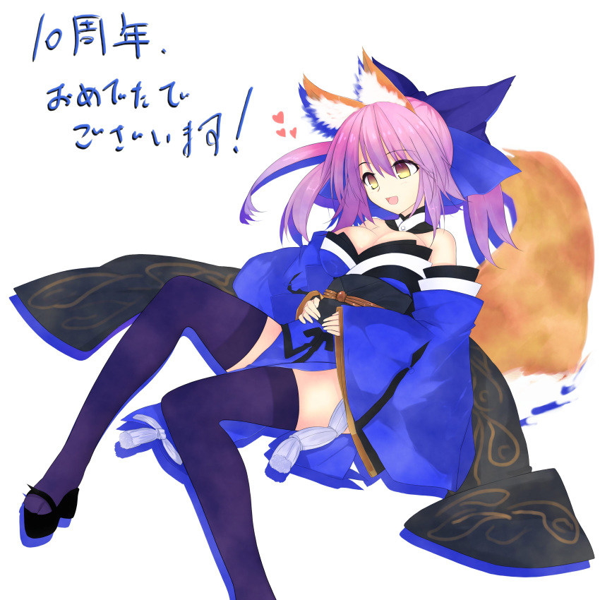 absurdres animal_ears bad_id bad_pixiv_id black_thighhighs bow denpaken_pochi detached_sleeves fate/extra fate_(series) female fox_ears fox_girl fox_tail hairbow highres japanese_clothes pink_hair solo tail tamamo_(fate) tamamo_no_mae_(fate/extra) thighhighs white_background yellow_eyes