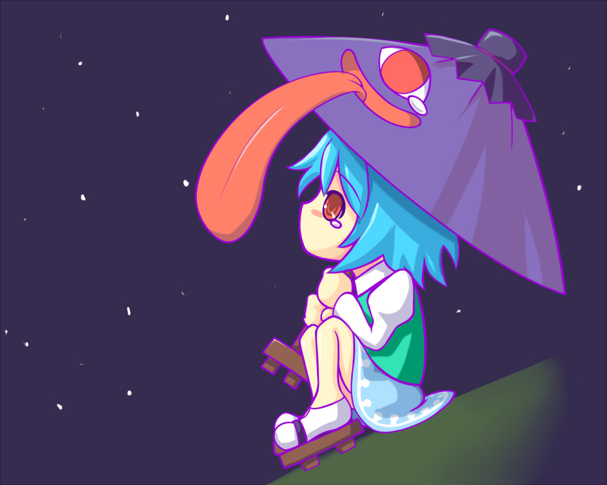 adder blue_hair commentary_request female geta karakasa_obake night night_sky purple_umbrella red_eyes short_hair sitting sky solo star_(sky) tatara_kogasa tears tongue touhou umbrella