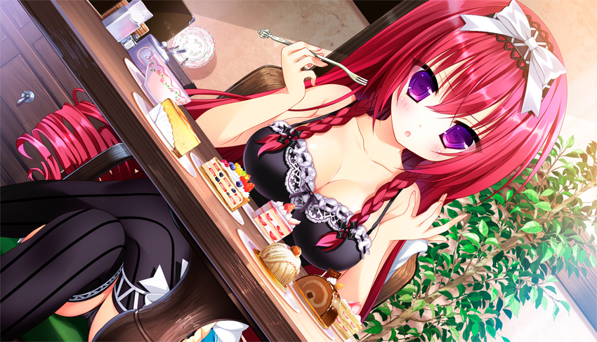 bow braids breasts cake cleavage drink food game_cg headband long_hair mayoeru_futari_to_sekai_no_subete mizunomiya_nana purple_eyes red_hair thighhighs youta