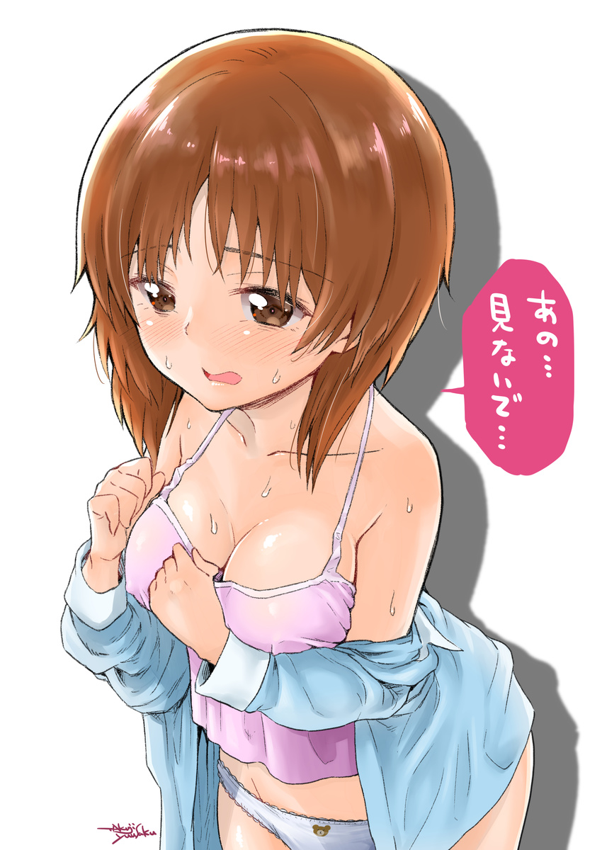 absurdres animal_print artist_name bear_panties bear_print blue_shirt blush bow bow_panties breasts brown_eyes brown_hair camisole cleavage clothes_pull commentary_request embarrassed female front-print_panties girls_und_panzer highres lace lace-trimmed_panties lace_trim long_sleeves looking_away medium_breasts nishizumi_miho no_pants pajamas panties parted_lips pink_shirt print_panties shirt shirt_pull short_hair signature simple_background solo standing sweat takuji_yuusaku translated underwear upper_body wavy_mouth white_background white_panties