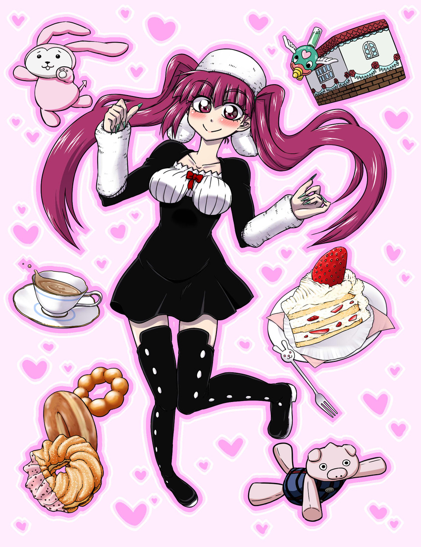 black_dress black_legwear bleach blush cake dokugamine_riruka doughnut dress female fingernails food green_nails hanya_(hanya_yashiki) hanyapunifu hat highres long_hair looking_at_viewer nail_polish purple_eyes purple_hair smile solo stuffed_animal stuffed_toy tea twintails