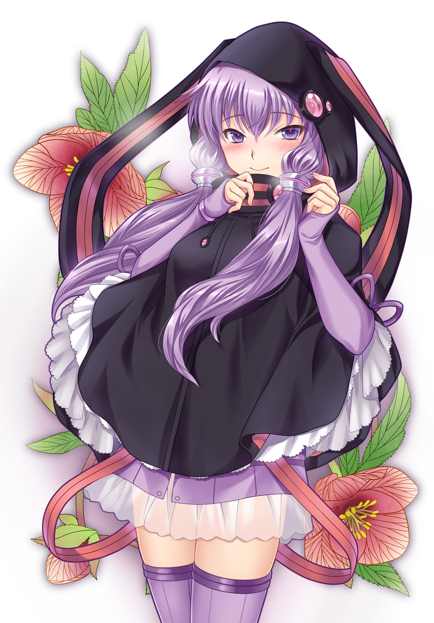 animal_hood blush capelet commentary_request cowboy_shot female highres hood kogara_(frenzied_kotori) long_hair looking_at_viewer low_twintails photoshop_(medium) purple_eyes purple_hair purple_thighhighs rabbit_hood skirt sleeves_past_wrists solo thighhighs twintails vocaloid voiceroid yuzuki_yukari