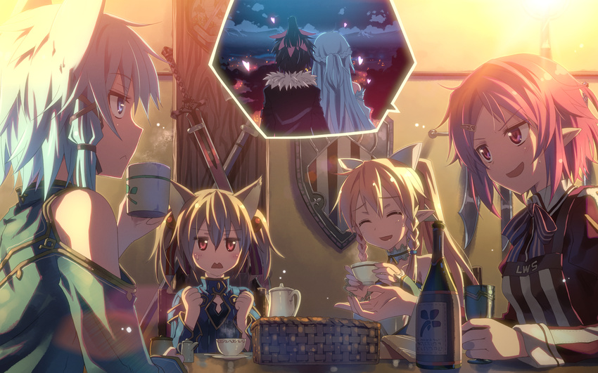 4girls :d ^_^ animal_ears asuna_(sao) asuna_(sao-alo) bare_shoulders blonde_hair blue_eyes blue_hair blush bottle brown_hair cat_ears cat_girl closed_eyes crossed_swords cup elf fairy hair_ribbon highres holding kirito kirito_(sao-alo) leafa lisbeth_(sao) lisbeth_(sao-alo) long_hair mini_person minigirl multiple_girls open_mouth petals pink_eyes pink_hair pointy_ears ponytail red_eyes ribbon scan shield short_hair silica silica_(sao-alo) sinon sinon_(sao-alo) smile speech_bubble spoilers striped sword sword_art_online twintails vertical_stripes weapon weapon_on_wall yui_(sao) yui_(sao-alo) yuuki_tatsuya