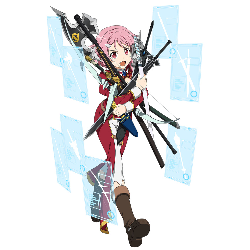 axe bad_link battle_axe blacksmith boots bow_(weapon) carrying dagger female full_body hair_ornament hairclip highres holding holding_axe holding_bow_(weapon) holding_dagger holding_knife holding_mace holding_sheath holding_sword holding_weapon holographic_interface knife light_bow_shekinah lisbeth_(sao) lisbeth_(sao-alo) long_sleeves long_sword_(sao) mace multiple_swords multiple_weapons official_art open_mouth pink_eyes pink_hair rapier ray_of_grace red_eyes shadow_dagger_(sao) sheath sheathed short_hair solo sword sword_art_online too_many transparent_background unsheathed walking weapon