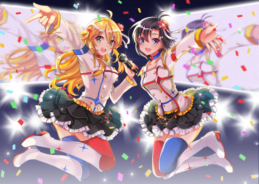 2girls black_hair blonde_hair blue_eyes boots choker flowers green_eyes hoshii_miki idolmaster kikuchi_makoto long_hair microphone short_hair skirt thighhighs zonana