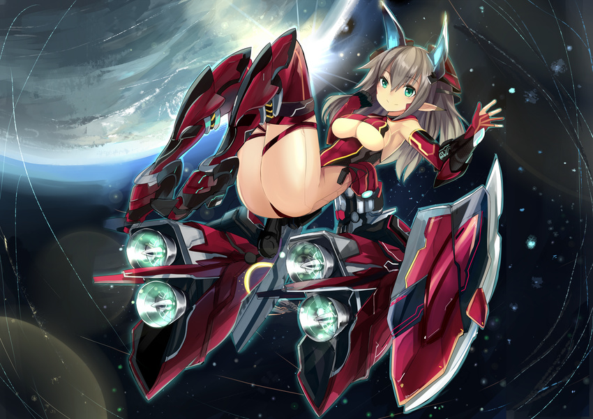 aqua_eyes ass bodysuit boots breasts earth elbow_gloves gray_hair haik long_hair mechagirl original pointed_ears space stars thighhighs twintails underboob