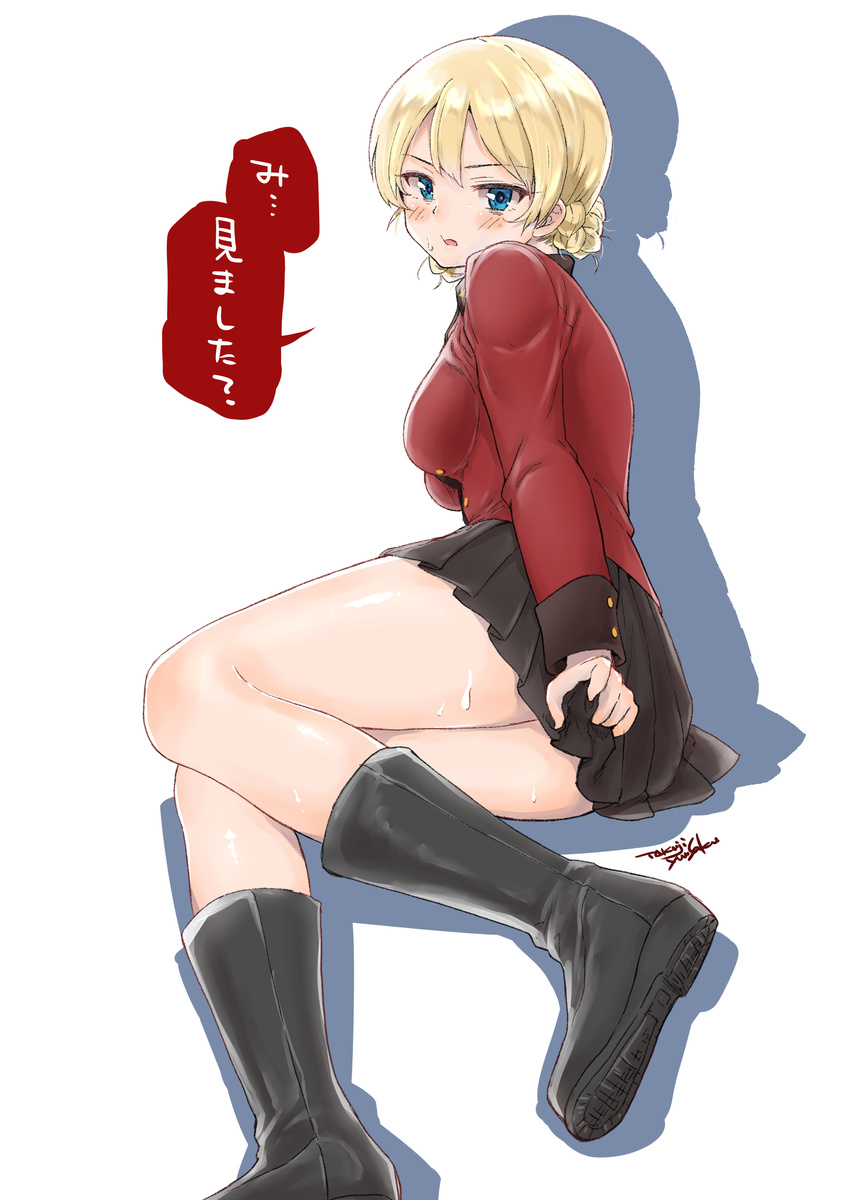 absurdres artist_name black_footwear black_skirt blonde_hair blue_eyes blush boots braid commentary_request covering_privates darjeeling_(girls_und_panzer) embarrassed female girls_und_panzer highres jacket long_sleeves looking_at_viewer looking_back lying military military_uniform miniskirt on_side parted_lips pleated_skirt red_jacket short_hair signature simple_background skirt skirt_tug solo st._gloriana's_military_uniform sweat sweatdrop takuji_yuusaku translated twin_braids uniform white_background