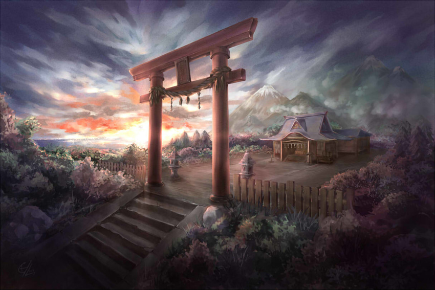 c.z. cloud commentary_request fence gensokyo hakurei_shrine mountain no_humans outdoors rope scenery shide shimenawa shrine sky stairs stone_lantern sunrise torii touhou