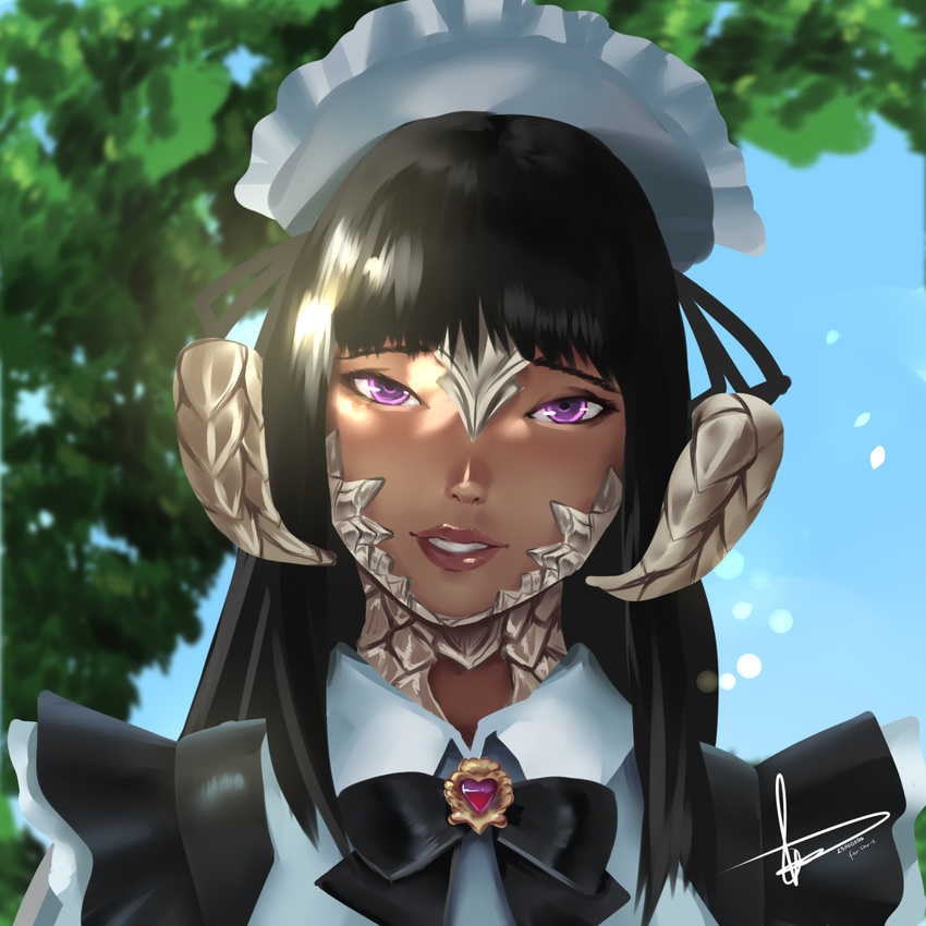 au_ra black_bow black_hair bow brooch dappled_sunlight dragon_girl dragon_horns face female final_fantasy final_fantasy_xiv hannah_santos heart highres hime_cut horns jewelry lips maid maid_headdress purple_eyes scales solo sunlight