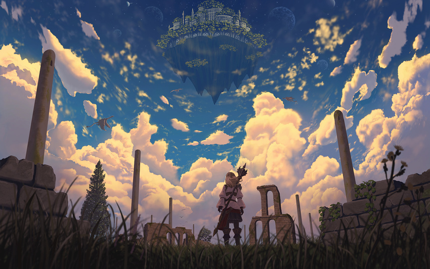 blonde_hair clouds dragon grass long_hair nauimusuka original ruins scenic sky weapon