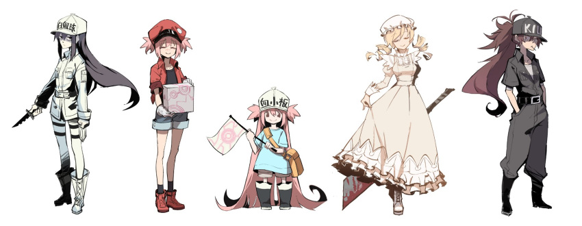 5girls akemi_homura belt black_hair blonde_hair blood blood_on_weapon boots box cabbie_hat cleaver cosplay crossover curly_hair die_(die0118) dress flag hat hataraku_saibou highres holding holding_flag kaname_madoka killer_t_(hataraku_saibou) killer_t_(hataraku_saibou)_(cosplay) knife long_hair long_sleeves macrophage_(hataraku_saibou) macrophage_(hataraku_saibou)_(cosplay) mahou_shoujo_madoka_magica mahou_shoujo_madoka_magica_(anime) mob_cap multiple_girls pink_hair platelet_(hataraku_saibou) platelet_(hataraku_saibou)_(cosplay) ponytail red_blood_cell_(hataraku_saibou) red_blood_cell_(hataraku_saibou)_(cosplay) red_hair sakura_kyoko short_hair shorts tomoe_mami twintails ultimate_madoka weapon white_blood_cell_(hataraku_saibou) white_blood_cell_(hataraku_saibou)_(cosplay) white_hat