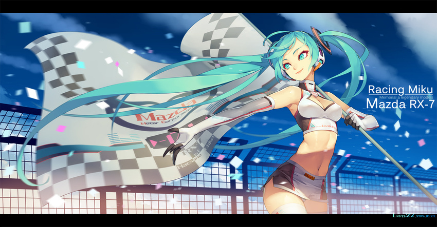 aqua_eyes aqua_hair breasts cleavage elbow_gloves hatsune_miku long_hair lvans navel skirt thighhighs twintails vocaloid