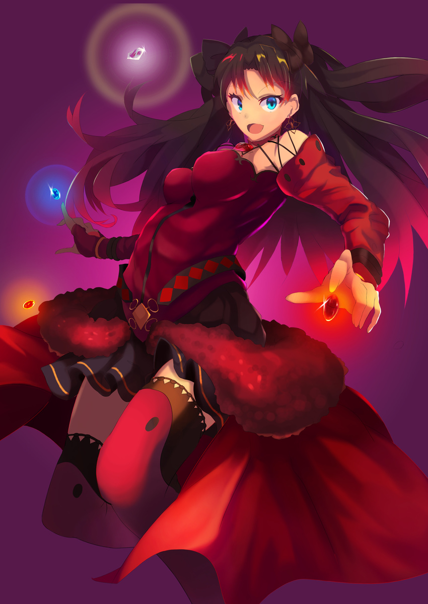 :d absurdres black_hair black_ribbon blue_eyes breasts commentary_request dutch_angle fate/grand_order fate_(series) female hair_ribbon highres jumping kamakura_(clupeoidei) long_hair medium_breasts open_mouth photoshop_(medium) purple_background ribbon smile solo thighhighs tohsaka_rin tohsaka_rin_(formalcraft) two_side_up