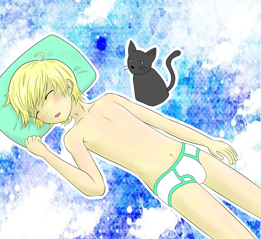 1boy ahoge blonde_hair blush briefs bulge chocoman2003 closed_eyes feline highres lolicon lying male male_focus navel nipples on_back open_mouth original pillow short_hair simple_background sleeping solo topless underwear