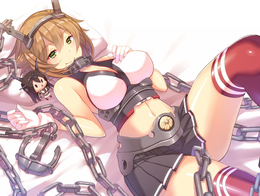 bed brown_hair chains collar ginichi_(toot08) gloves green_eyes kantai_collection mutsu_(kancolle) nagato_(kancolle) navel short_hair skirt thighhighs