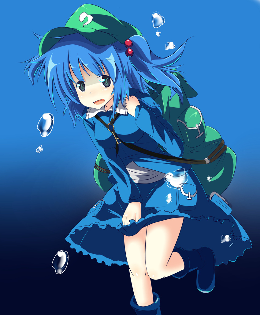 absurdres backpack bag blue_background blue_eyes blue_hair blush boots bubble commentary_request female fps hair_bobbles hair_ornament hat highres kawashiro_nitori key open_mouth photoshop_(medium) short_hair skirt smile solo touhou two_side_up